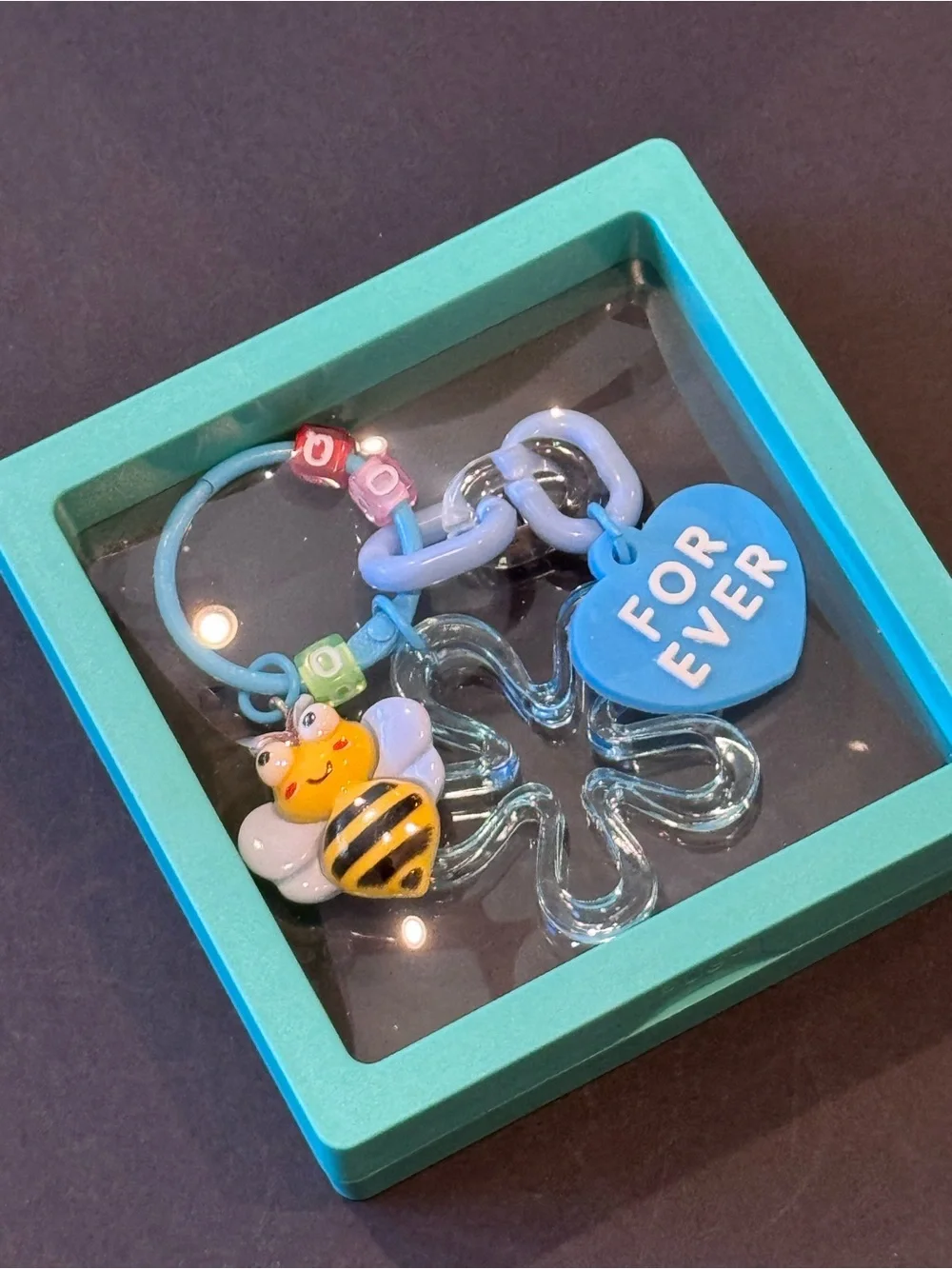 NWT Bee Heart Charm Keychain Blue Beaded Bag Clip in Shadow Box